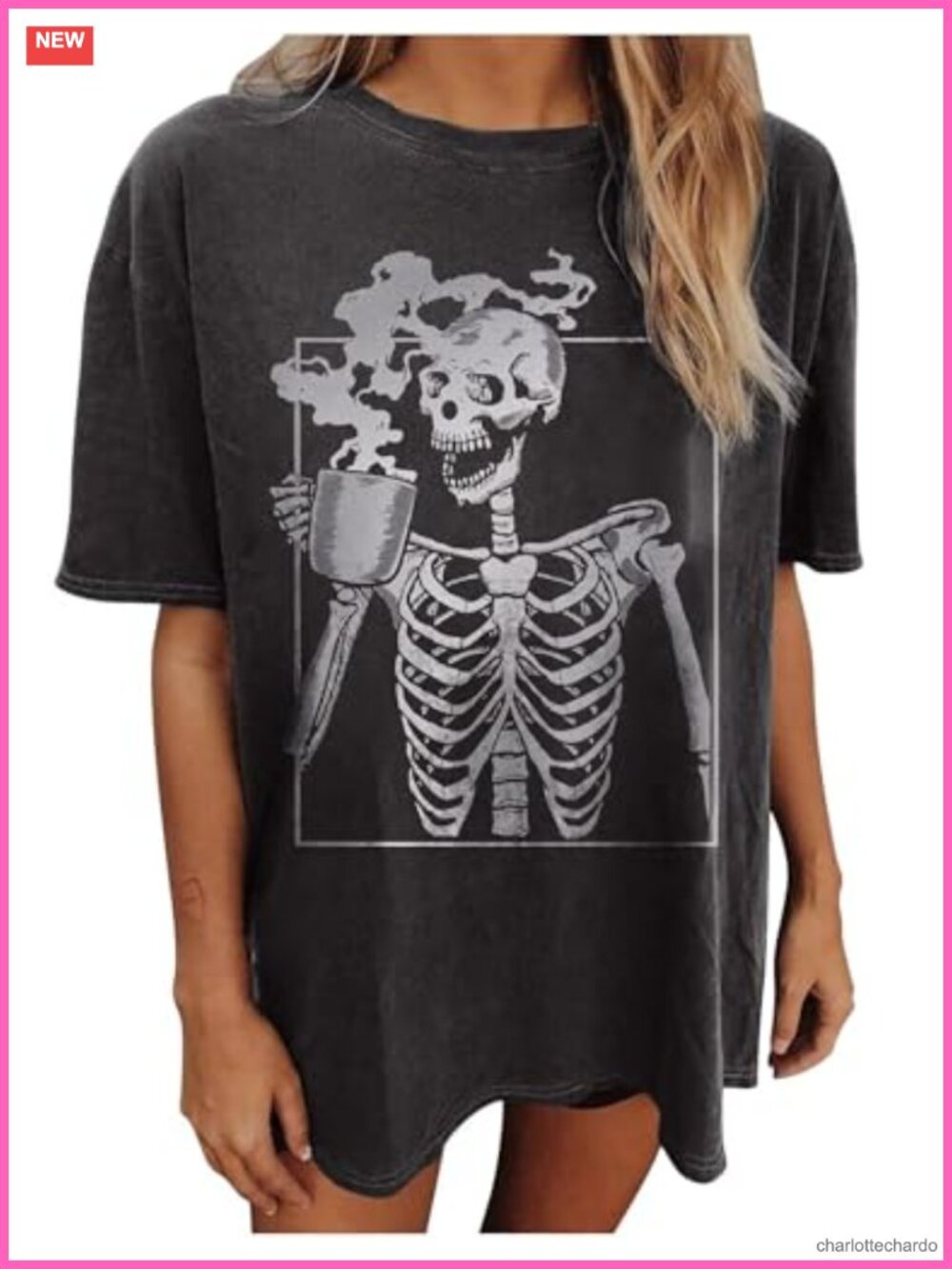 Oversized Skeleton Graphic Tee Women Funny Halloween Skull Casual Long Sleeve